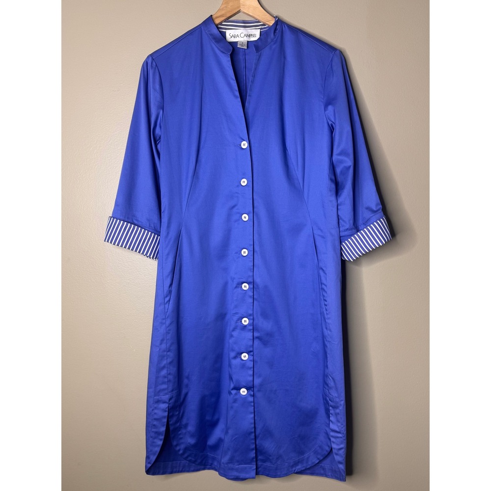 Sara Campbell Royal Blue Button Front Shirt Dress Pockets Striped Trim Size 4